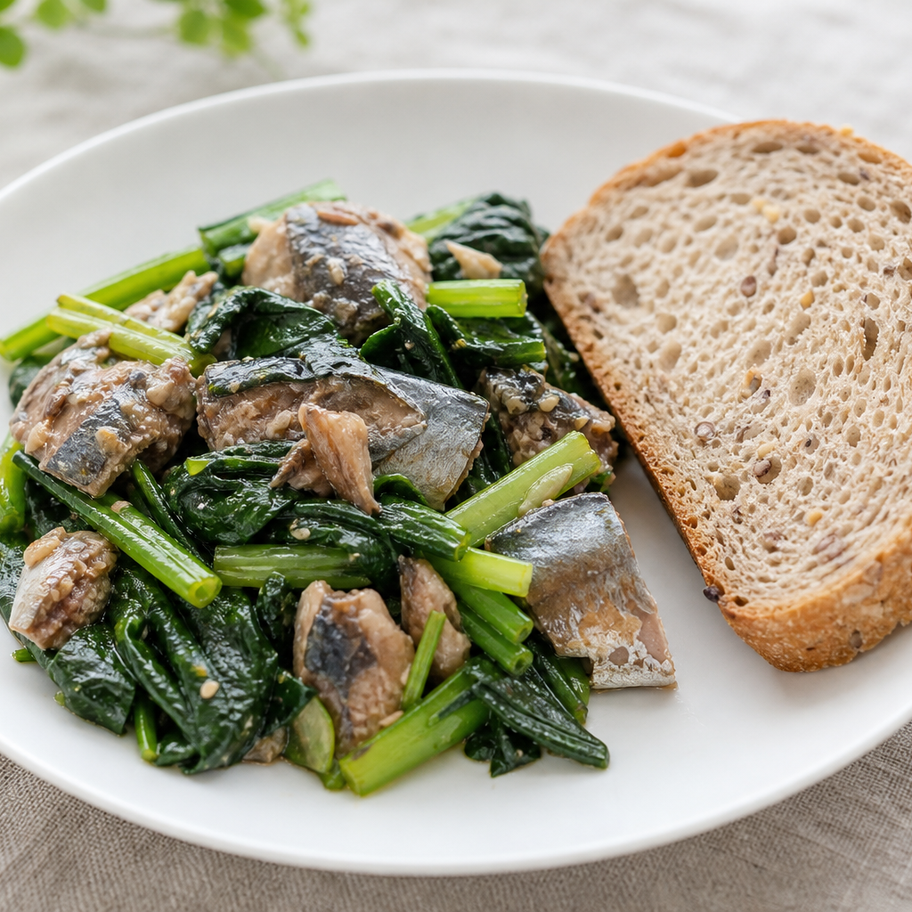 青魚+緑葉野菜ランチ（サバ缶・ほうれん草・全粒パン）